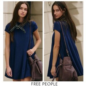 FREE PEOPLE Mandi Mini Soft Navy Trapeze Dress •Stylish Exposed Seams• NWTS-$65